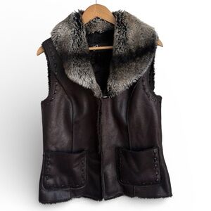Cedrics Faux Shearling Vest Brown Faux Fur Collar Sleeveless